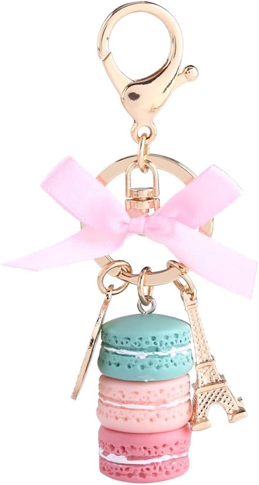 Colorful Cute Macaron Keychain Ring Eiffel Tower Macaron Charm Keychain Bag Purse Decoration for Children Birthday Gift(Green)