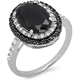 925 Sterling Silver Shiny Full Diamond Ring Oval Cut Black Onyx Marcasite White Cubic Zirconia Rings CZ Cocktail Rings Eternity Engagement Wedding Band Ring for Women TZ.36