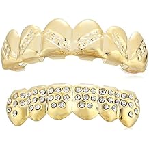Men's 18K Gold Plated Brass Hammered Wave Top And Cubic Zircona Bottom Grillz Set Body Jewelry, Yellow, One Size!