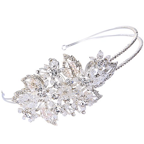 EVER FAITH Austrian Crystal Cream Simulated Pearl Elegant Flower Bridal Hair Band Clear Silver-Tone