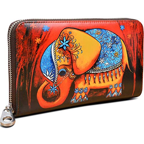 YALUXE Women's Elephant Print Real Leather Large Zipper Clutch Wallet Phone Passport Checkbook Holder Red
