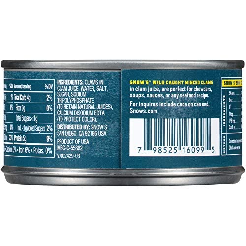 Snow's Wild Caught Minced Clams Canned, 6.5 Oz Can 5g Protein Per