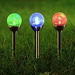Twinkle Star Solar Pathway Lights Crackle Glass Globe Solar lights Outdoor Color Changing Stainless Steel Solar Garden Lights, Set of 3