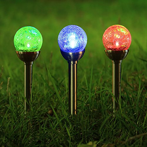 Twinkle Star Solar Pathway Lights Crackle Glass Globe Solar lights Outdoor Color Changing Stainless Steel Solar Garden Lights, Set of 3