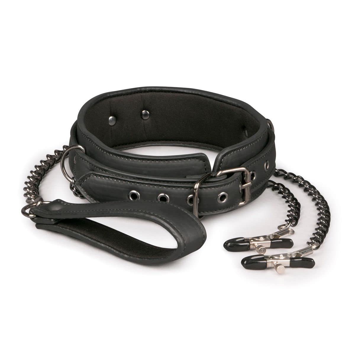 EasyToys Fetish Collection Leather Collar with Nipple Chains, Black