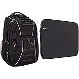 AmazonBasics Laptop Computer Backpack with padded shoulder straps and Organizational compartments (Black) & Laptop Sleeve for