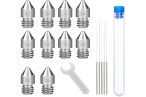 Lokkr 3D Printer Stainless Steel Extruder Nozzles Set, 10PCS Stainless Steel 0.4MM MK8 Nozzles, 5PCS 0.4MM Nozzles Cleaning Needles with Wrench for Makerbot Creality CR-10/Ender 3/3 V2/3 S1/5 Prusa i3