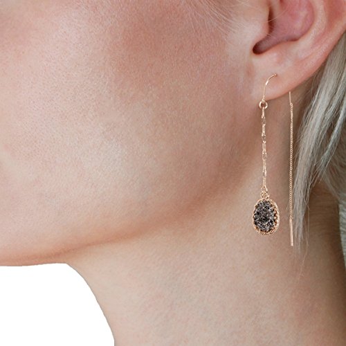 Humble Chic Simulated Druzy Chain Bar Threaders - Gold-Tone Long Sparkly Needle Drop Earrings for Women, Simulated Hematite, Grey, Metallic, Silver-Tone, Gold-Tone