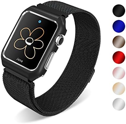 SUNKONG Milanese Loop Apple Watch Band 42mm Black with Stainless Steel Case for Apple Watch Series 3 2 1