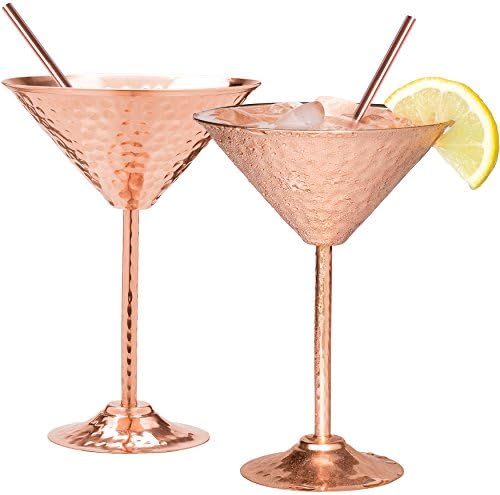 100% Copper martini glasses set of 2 with copper straws – Exquisite reinforcement ring - 10oz Hand hammered solid copper martini goblets. – A gift set no one can resist. (2, 6)