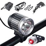 S SUNINESS Bike Lamp Set, Super Bright 5000 Lumens 4 Modes Rechargeable Waterproof Durable Bicycle Front LED Light and Free Taillight with Battery Pack for Road Cycling Safety Flashlight(Silver-3LED)