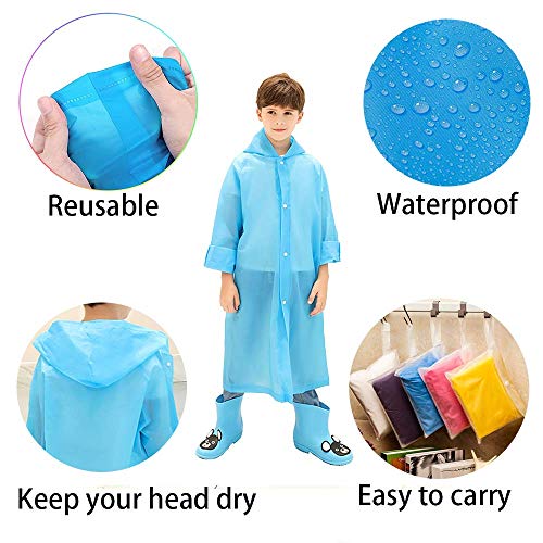 suyncyi Kids Rain Ponchos,Reusable Kids Rain Coat for 6-11 Years Old -Blue - Thumbnail 2