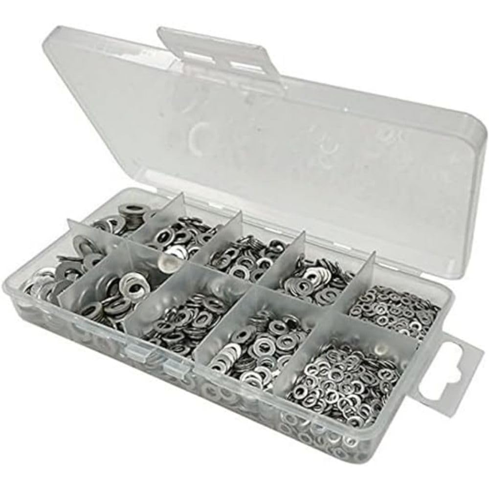 Merriway BH06561 (1000 Pcs) Assortment of Marine Grade AISI 316 Stainless Steel Flat Washers in a 10 Compartment Carry Case - Pack of 1000 Pieces