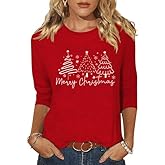 3/4 Sleeve Merry Christmas Shirt for Women Xmas Tree Cute Graphic Blouse Indoor Basic Casual Festival Tops New Year Tee
