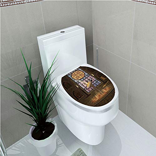 Toilet Cover Decoration,Gothic,Lectern on Pentagram Symbol Medieval Architecture Candlelight in Dark Spell Altar,Olive Green Mustard,3D Printing,W12.6"xH14.9" - Thumbnail 7