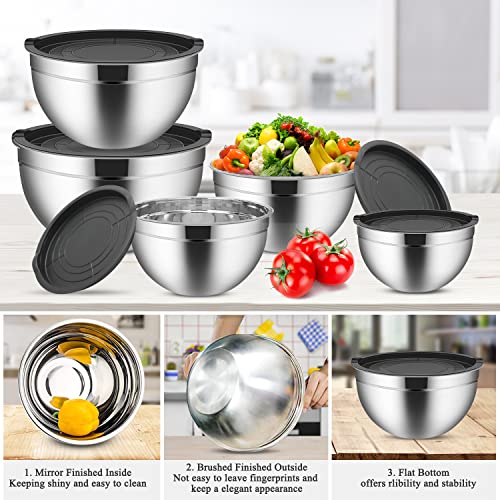 Stainless Steel Mixing Bowl, Set of 5 Mixing Bowls with Lids Set, 4.5, 4, 3, 2, 1.5QT Deeper and