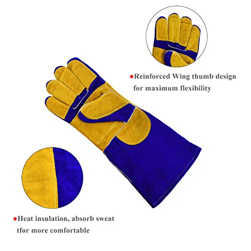 Welding Gloves Lined Leather Extreme Heat Resistant Double Insulation For Mig, Tig Welders, BBQ, Gardening, Camping, Stove, Fireplace and More - 16 in, Blue