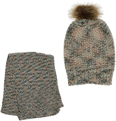 Polar Extreme Women's Classic Knit Pom-Pom Hat &amp; Scarf Set (Beige, Aqua &amp; Grey)
