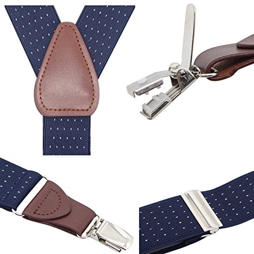 Bioterti Men's Y-shape 1.4 Inch Suspender -3 Metal Clips, Elastic Straps (Navy Dots)