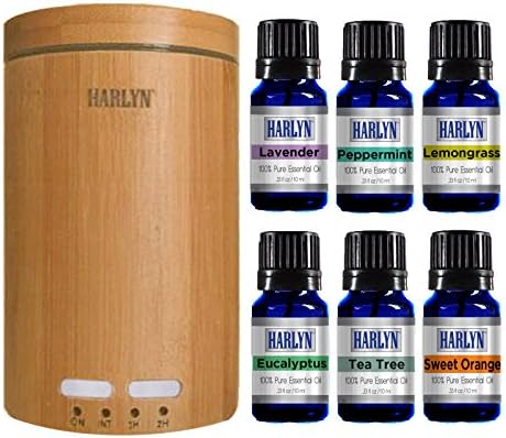 Harlyn Ultrasonic Real Bamboo Aromatherapy Essential Oil &amp; Diffuser Set - 6 Oil Set - Lavender, Eucalyptus, Tea Tree, Peppermint, Lemongrass &amp; Orange - 7 LED Lights - Waterless Auto-shutoff &amp; Timer