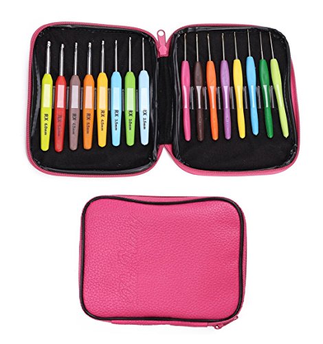 Crochet Hooks Set With Ergonomic Handle(Set of 16),The Crochet Kit in 1~6mm Sizes with Red Case