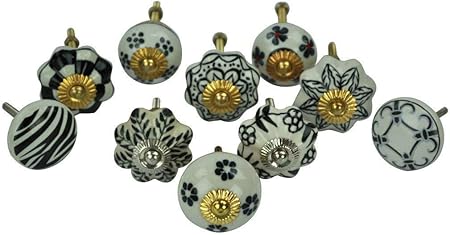 Zoya Ceramic Knobs 10 Black White Floral Ceramic Cupboard