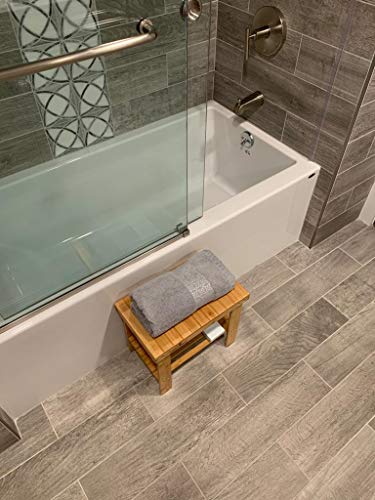 DECOMIL - Bamboo Shower Bench 16â, Foot Rest Shaving Stool with Storage Shelf | Nonslip Feet & Waterproof Bathing Bench | Perfect for Indoor and Outdoor Use - Image 4
