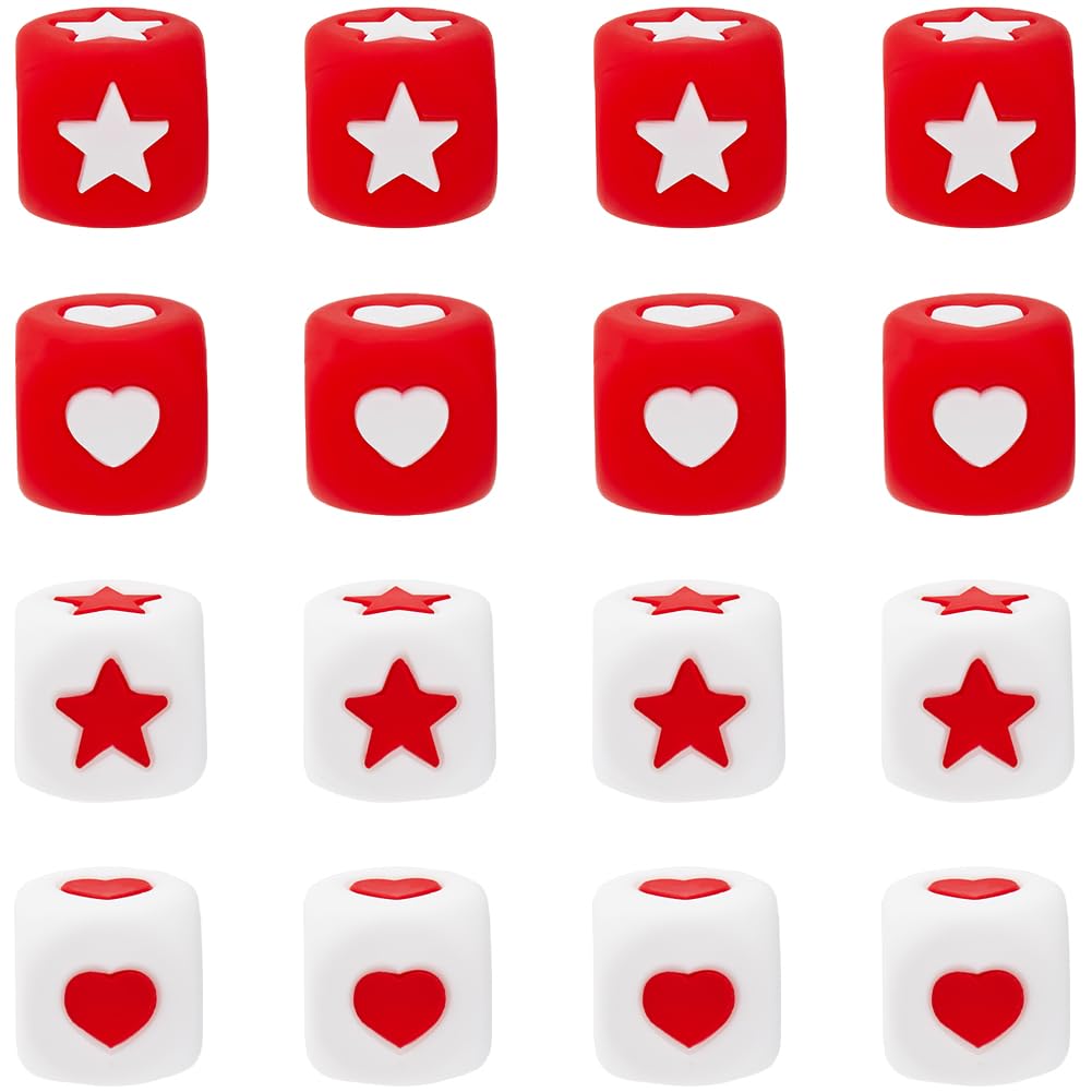 SOFPLATE 1 Box 40Pcs 4 Styles Silicone Heart Beads Red Heart Silicone Beads 12mm Red White Cube Star Valentines Day Soft Rubber Bulk Square Silicone Beads for Crafts DIY Necklace Bracelet Accessory