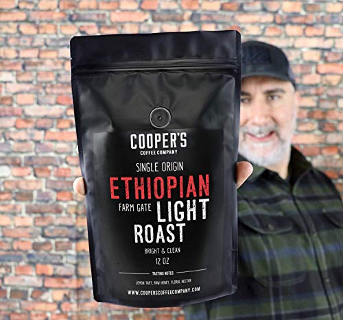 Ethiopian Bright Light Roast Grade 1, Whole Bean Coffee, Natural Dry Processed Micro Lot Single Origin Farm Gate Direct Trade, Intense Bright & Bold Coffee Beans, Gourmet Coffee - 12 oz Bag