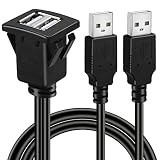BATIGE Dual Ports Square USB 2.0 Panel Flush Mount Extension Cable with Buckle for Car Truck Boat Motorcycle Dashboard 3ft