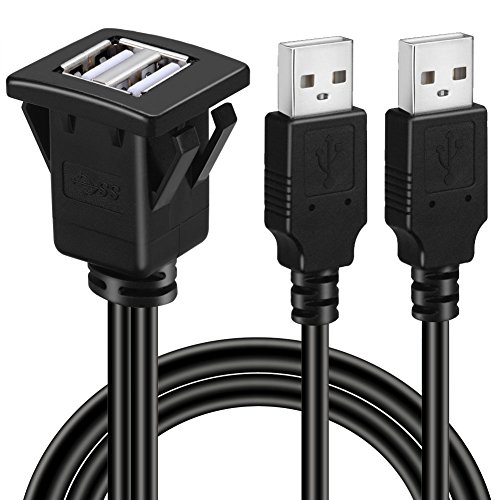 BATIGE Dual Ports Square USB 2.0 Panel Flush Mount Extension Cable with Buckle for Car Truck Boat Motorcycle Dashboard 3ft