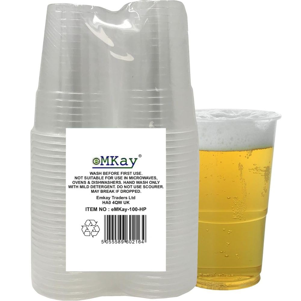 eMKay® Pack of 100 Strong Plastic Half Pint Glasses Disposable Reusable Beer Cups Great for Party's and All Types of Events and Celebrations 330ml…