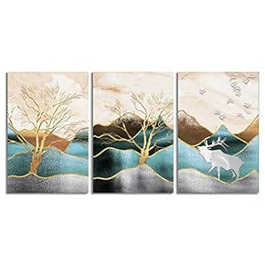 Canvas Wall Art Abstract Deer in Forest Painting Artwork for Home Prints Framed - 16"x24" x 3 Panels