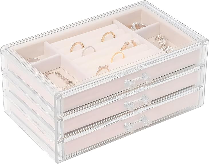 Sasha Morel Jewellery Box with 3 Storage Drawers | Earring Storage Organiser for Ring Bracelet Necklace Storage Box | Acrylic Display Case Gift Box | Jewellery Organiser Gifts for Women (Beige)
