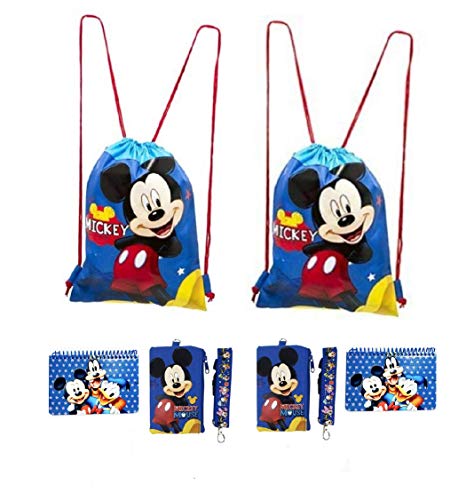 Disney Mickey and Minnie Mouse Drawstring Backpacks Plus Lanyards with Detachable Coin Purse and Autograph Books (Set of 6) (Dark Blue - Dark Blue)