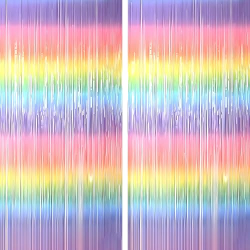 Propsicle Pastel Rainbow Metallic Foil Fringe Curtains 3x6 Ft Each, Pack of 2 - Shimmer Party Backdrop for Birthday, Baby Shower, Princess Unicorn Theme, Anniversary, Photo Booth, Wall Decoration
