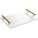 Moreast Genuine Marble Tray Bathroom Tray with Golden Handle, Natural Stone Decorative Tray with Metal Handle for Bathroom Kitchen Vanity Dresser Nightstand Desk, 11.8" x 7.9" White