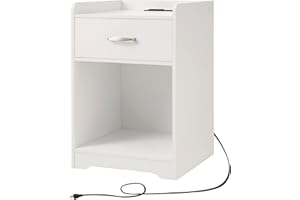WEENFON Nightstands, White Nightstand with Charging Station,Bedside Tables, End Table with Drawer, Open Space,Metal Handles, Large Storage WFET16WN