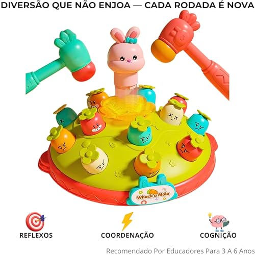 Bate Toupeira Infantil Eletrônico com Martelo — Luz e Som, Desenvolvimento Sensorial e Coordenação Motora, Para Crianças 3 a 6 Anos, Presente de Aniversário e Natal