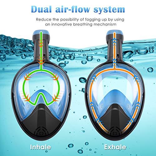 BFULL Snorkel Mask Full Face 180° Panoramic Sea View Anti-Fog Anti-Leak Snorkeling Mask with Action Camera Mount and Soft Adjustable Head Straps for Kids and Adults (Black-Blue, S/M)