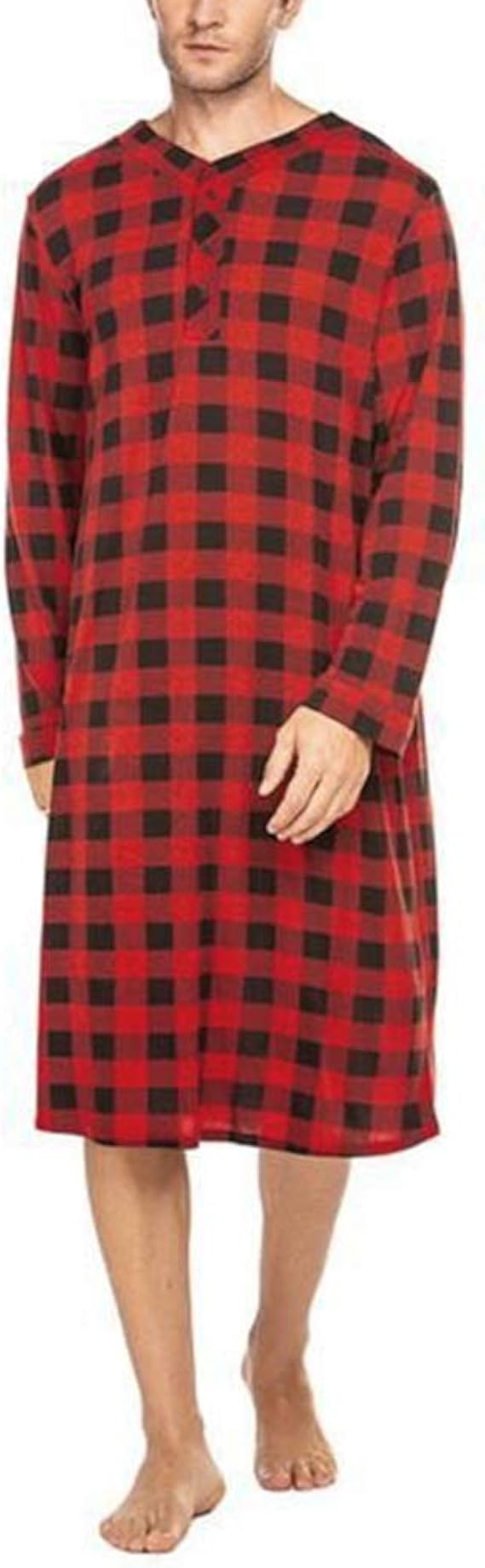 Men’s Nightshirt Long Sleeve Plaid Nightwear, Cotton Sleep Shirt Knee