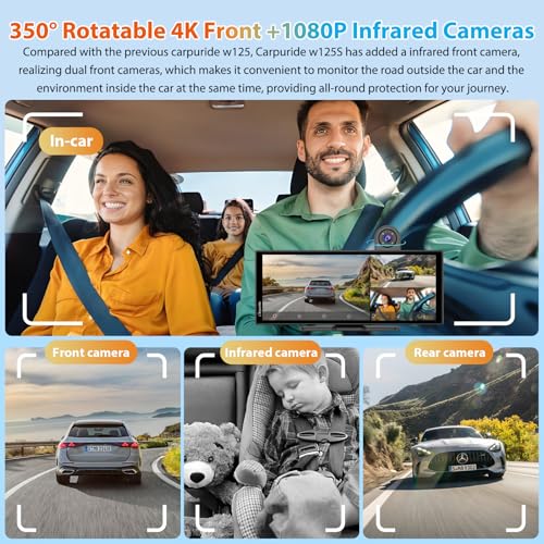 Carpuride W125S - Pantalla inalámbrica de 11.26 pulgadas HD para Carplay y Android Auto, 4K + 1080P + 1080P, cámara Dash para autos con tarjeta de 64GB, con grabación en bucle, Bluetooth, control de