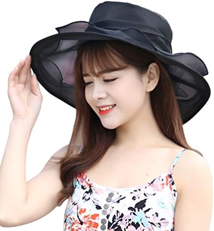 Women Wide Brim Kentucky Derby Hat Flower Organza Church Tea Party Wedding Hat Black