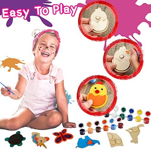 LOVESTOWN Paint Your Own Wooden Magnet, 16 PCS Wooden Magnet Creativity Kit Wooden Magnet Painting Craft Kids Magnet Art Kit for Birthday Party Favors Games Classroom Prize