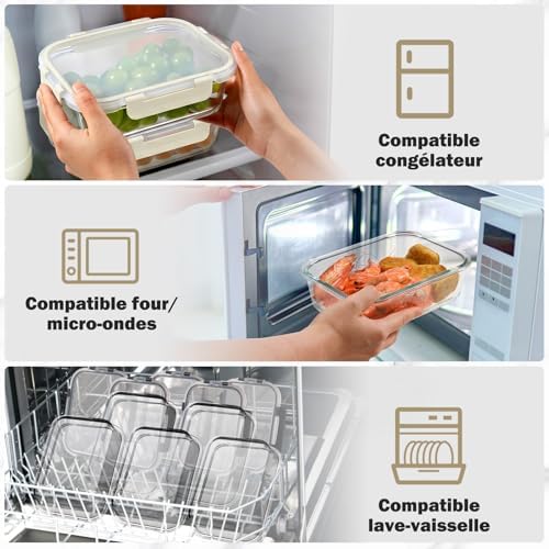 Boite Alimentaire Verre avec Couvercle Hermétique - Lot de 10 Lunch Box Verre Réutilisables, Sans BPA, Compatibles Micro-ondes, Four, Lave-vaisselle, Congélateur, Blanc