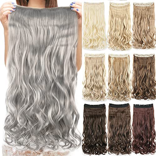 IMISSU Long Natural Thick Hair Curly Clip in on Synthetic Hair Extensions Hairpieces for Women (24 Inch,Gray)