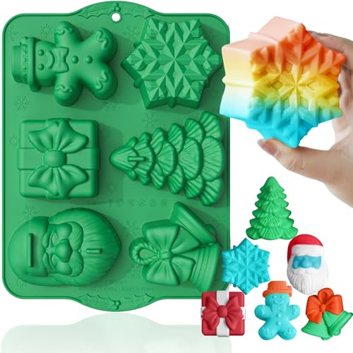 HKNMTT Large Christmas Silicone Molds for Baking Cake Muffins Oven Safe Freezing Soap Candle Cocoa Bomb Food Grade Tray, Deep Snowflake Xmas Tree Santa Gingerbread Gift Bell 6 Holiday Shapes Mould