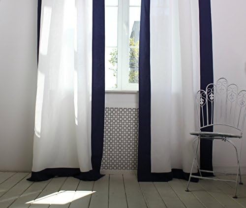 Linen frame border drapes, white with navy blue edging, back tabs or top ties as a a top, multiple height options