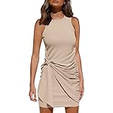LILLUSORY Women's Summer Casual Sleeveless Tank Dress 2021 Crewneck Bodycon Ruched Tie Waist Mini Dresses