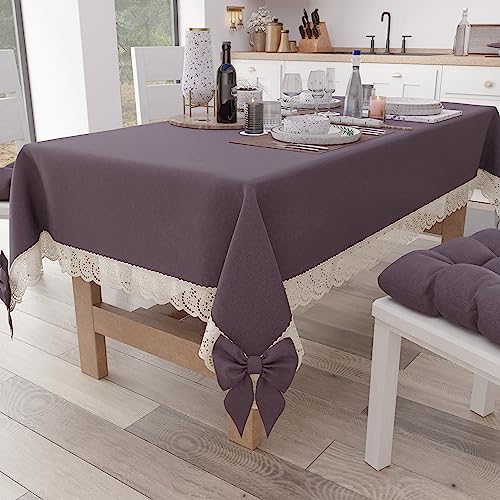 PETTI Artigiani Italiani - Rectangular tablecloth, cotton with Sangallo lace trim and bows, 140 x 240 cm, Mauve